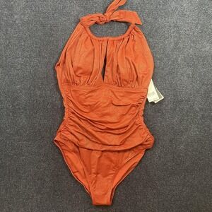 Kenneth Cole New York Swimsuit Womens Large Orange Halter One Piece Tummy Toner